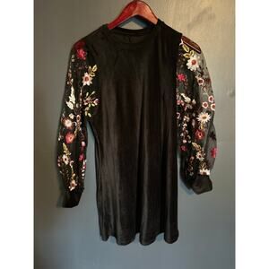 Black Velvet Dress with Sheer Floral Embroidered Sleeves – Size Large